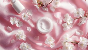 Asian beauty skincare products flat lay with cherry blossoms on pink silk for K-beauty