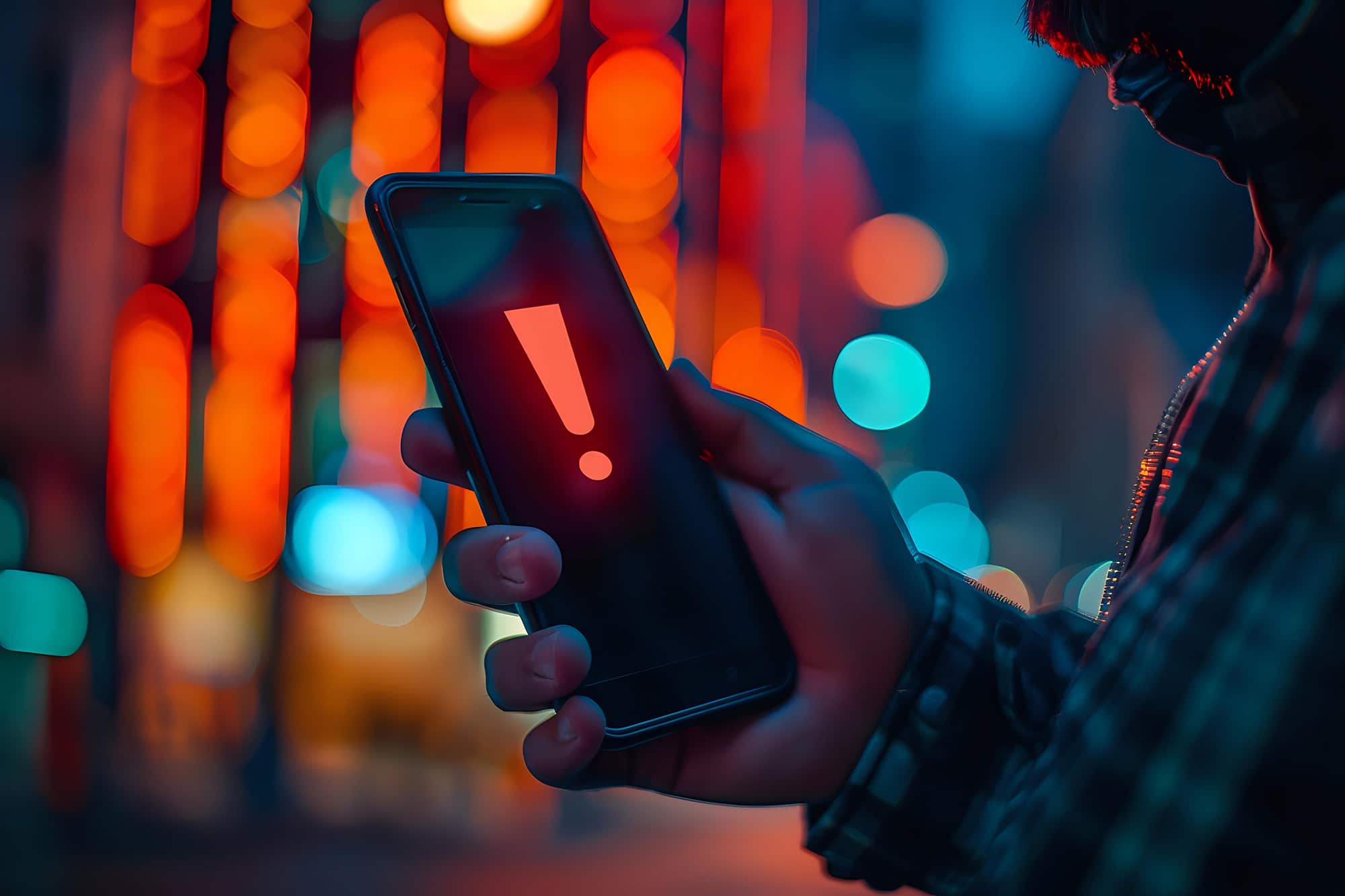 Hand holding smartphone displaying red exclamation mark against