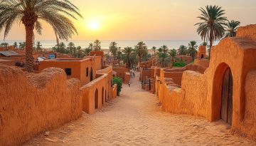 Sunrise over Chinguetti, Mauritania: A picturesque Mauritanian village with ancient mud-brick architecture at dawn, overlooking the Atlantic Ocean