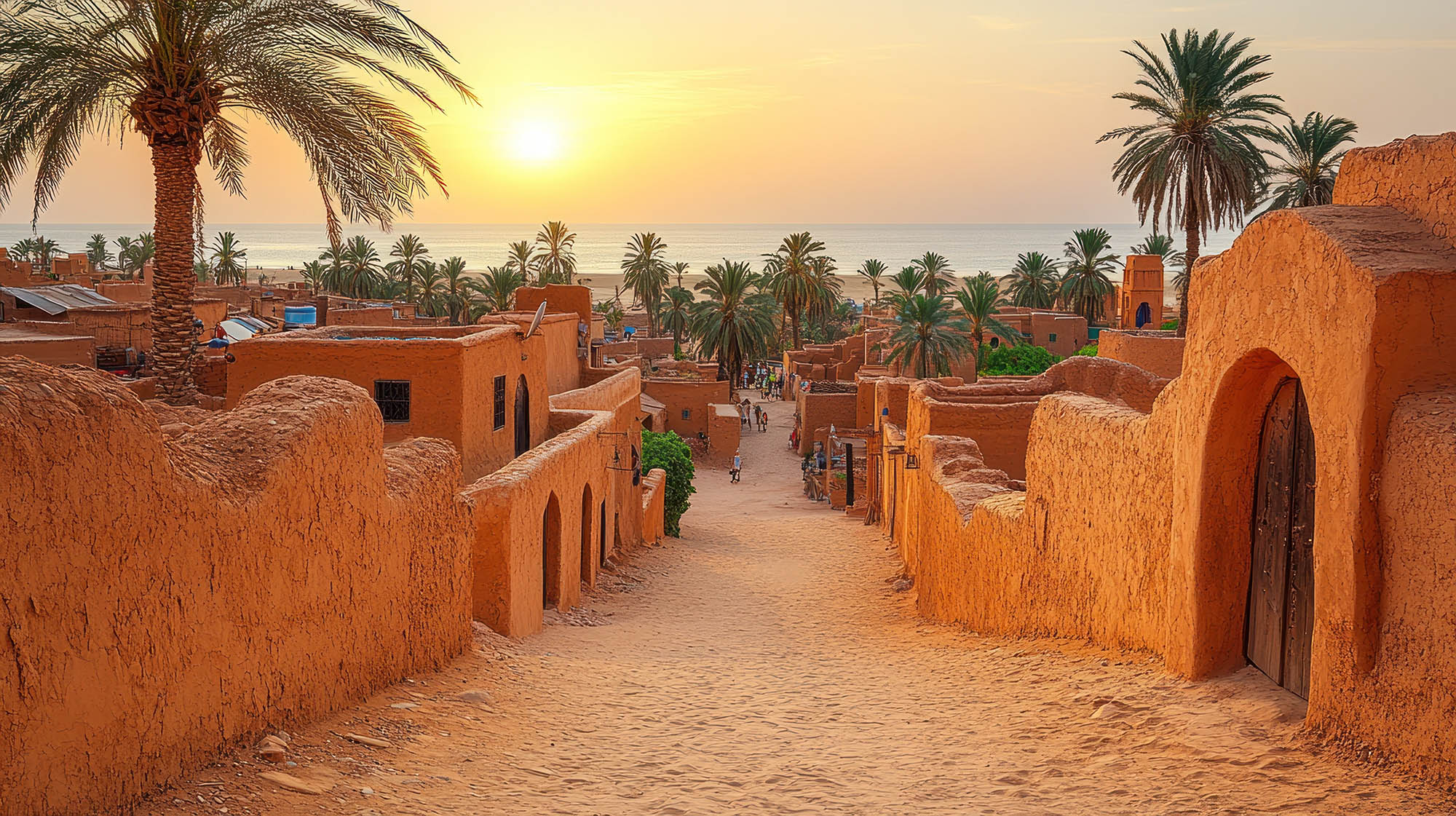 Sunrise over Chinguetti, Mauritania: A picturesque Mauritanian village with ancient mud-brick architecture at dawn, overlooking the Atlantic Ocean