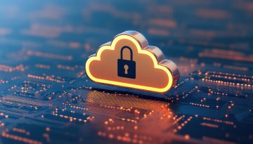 A stylized cloud icon with a lock symbolizes cloud security and