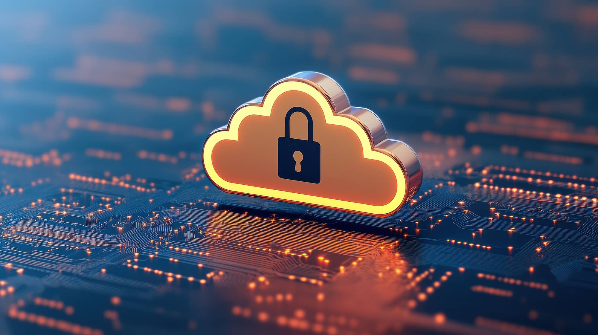 A stylized cloud icon with a lock symbolizes cloud security and