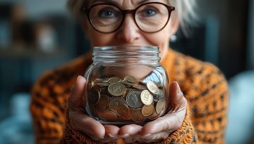 Elderly woman holding a jar of coins, symbolizing financial inde