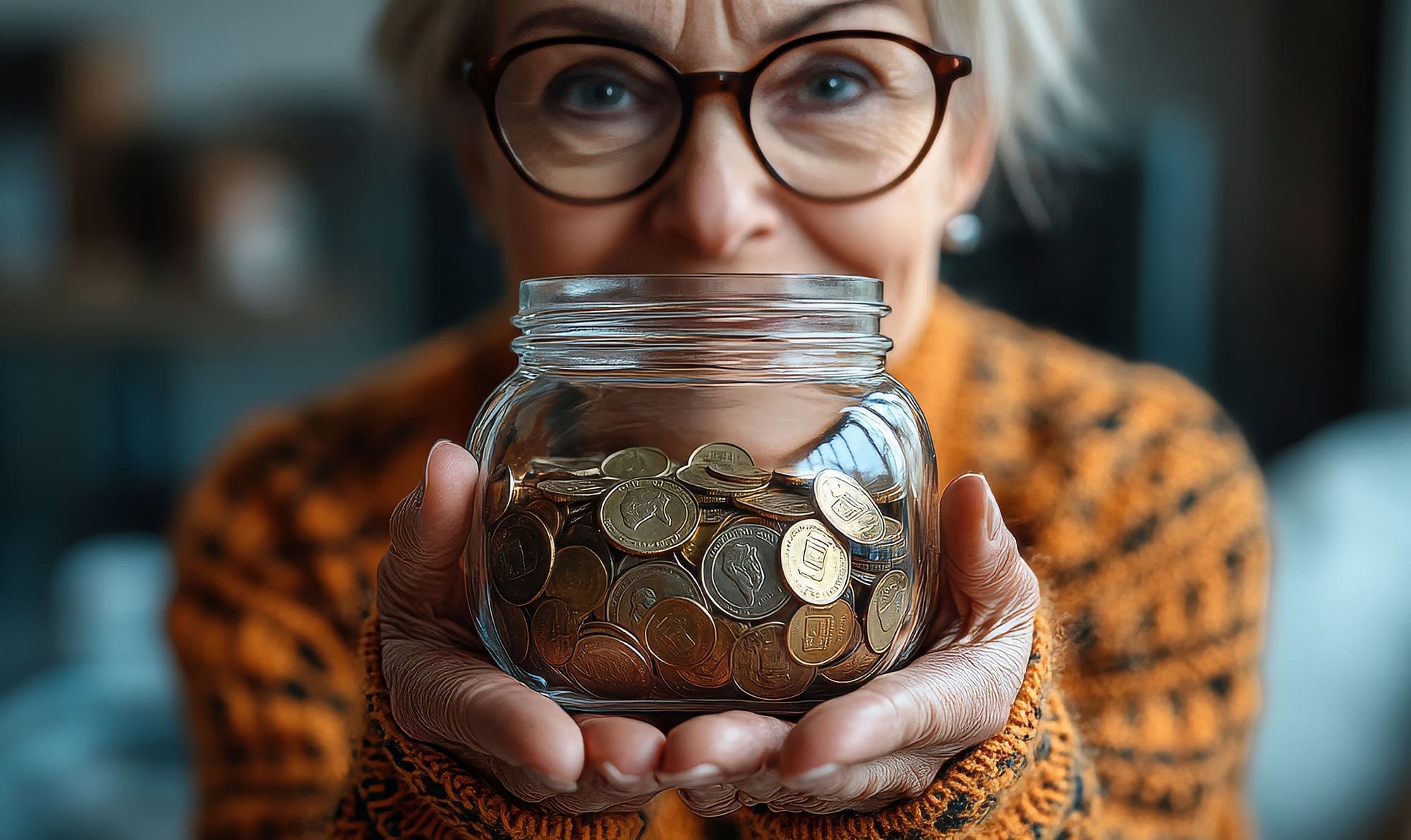 Elderly woman holding a jar of coins, symbolizing financial inde