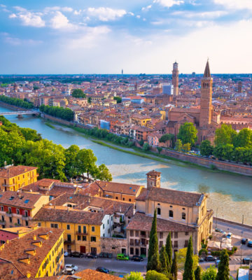 Ciy of Verona and Adige river aerial view