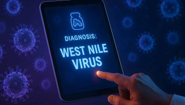 a hand points at a glowing digital tablet screen displaying the