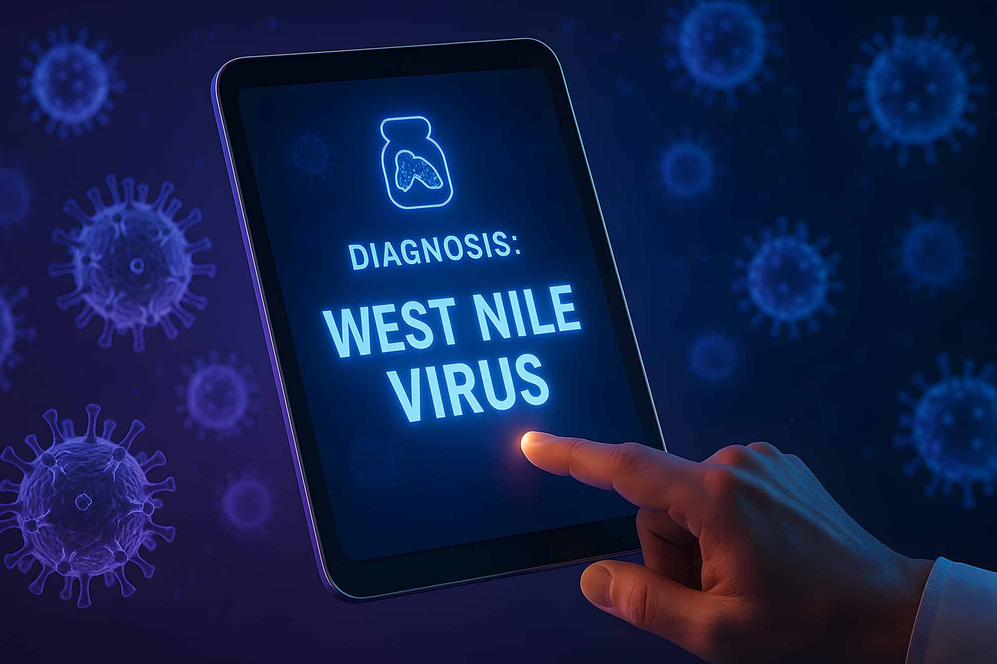 a hand points at a glowing digital tablet screen displaying the