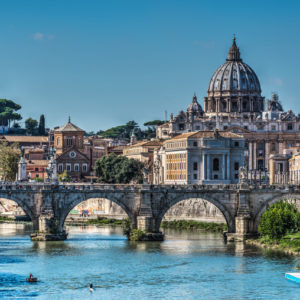 Saint Peter's dome seen from Tiber river in Rome, Italy