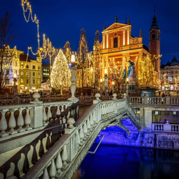 Ljubljana’s Christmas market lights and decoration during winter holiday. Photo taken on 30th of November 2022 in Ljubljana, Slovenia.