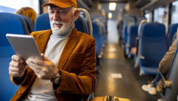 Senior man reading on tablet in train