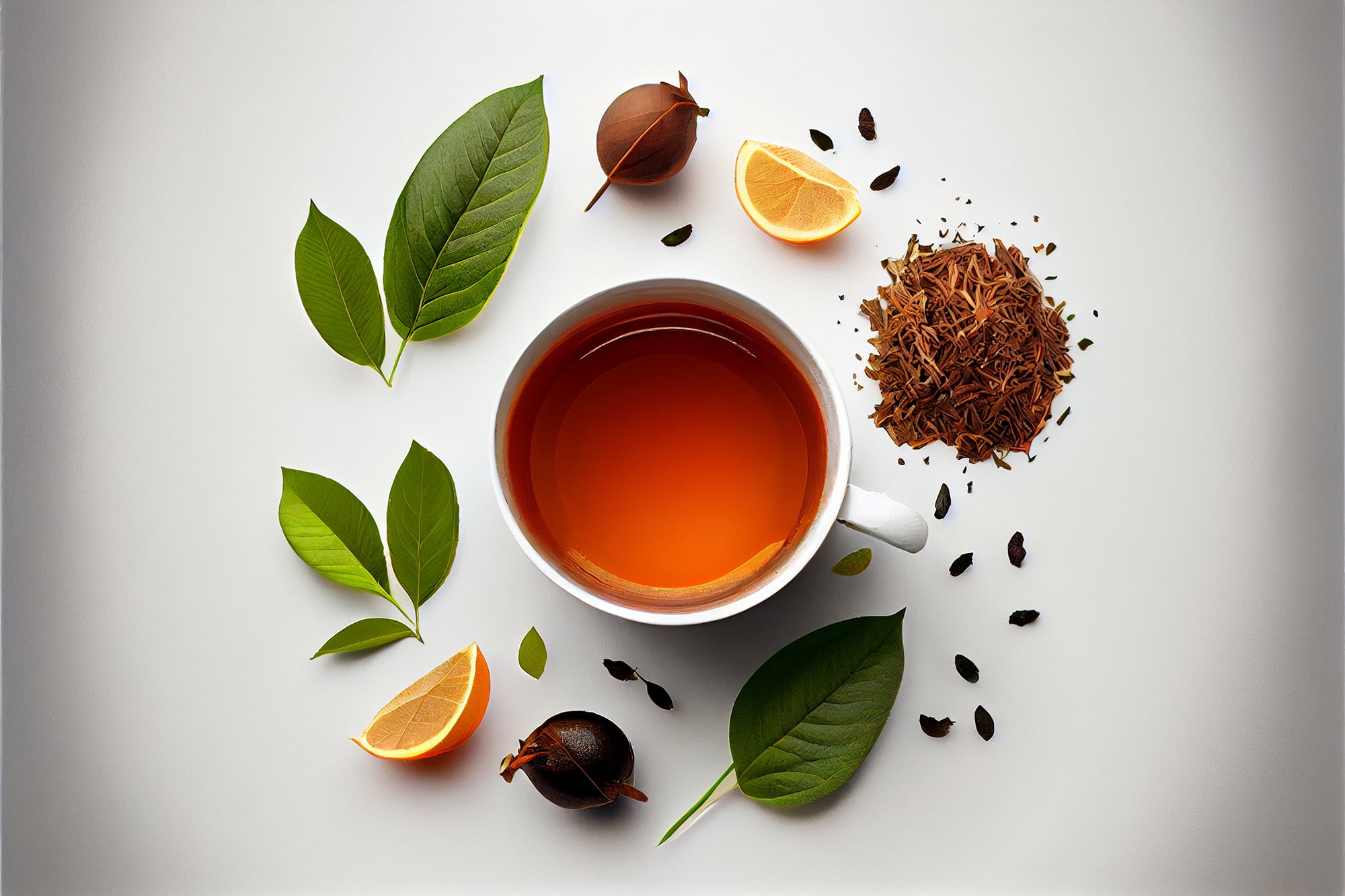 Herbal tea leaves on white background