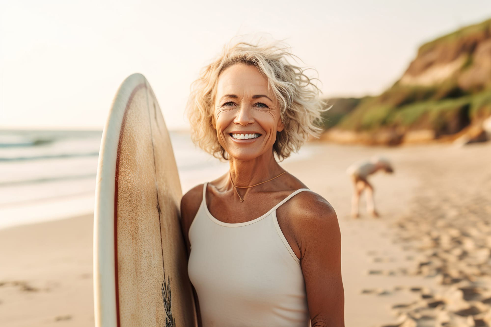 Illustration of mature senior woman with surf board