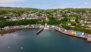 Aerial drone photo of Tobermory, a small town on the Isle of Mull, Scotland.
