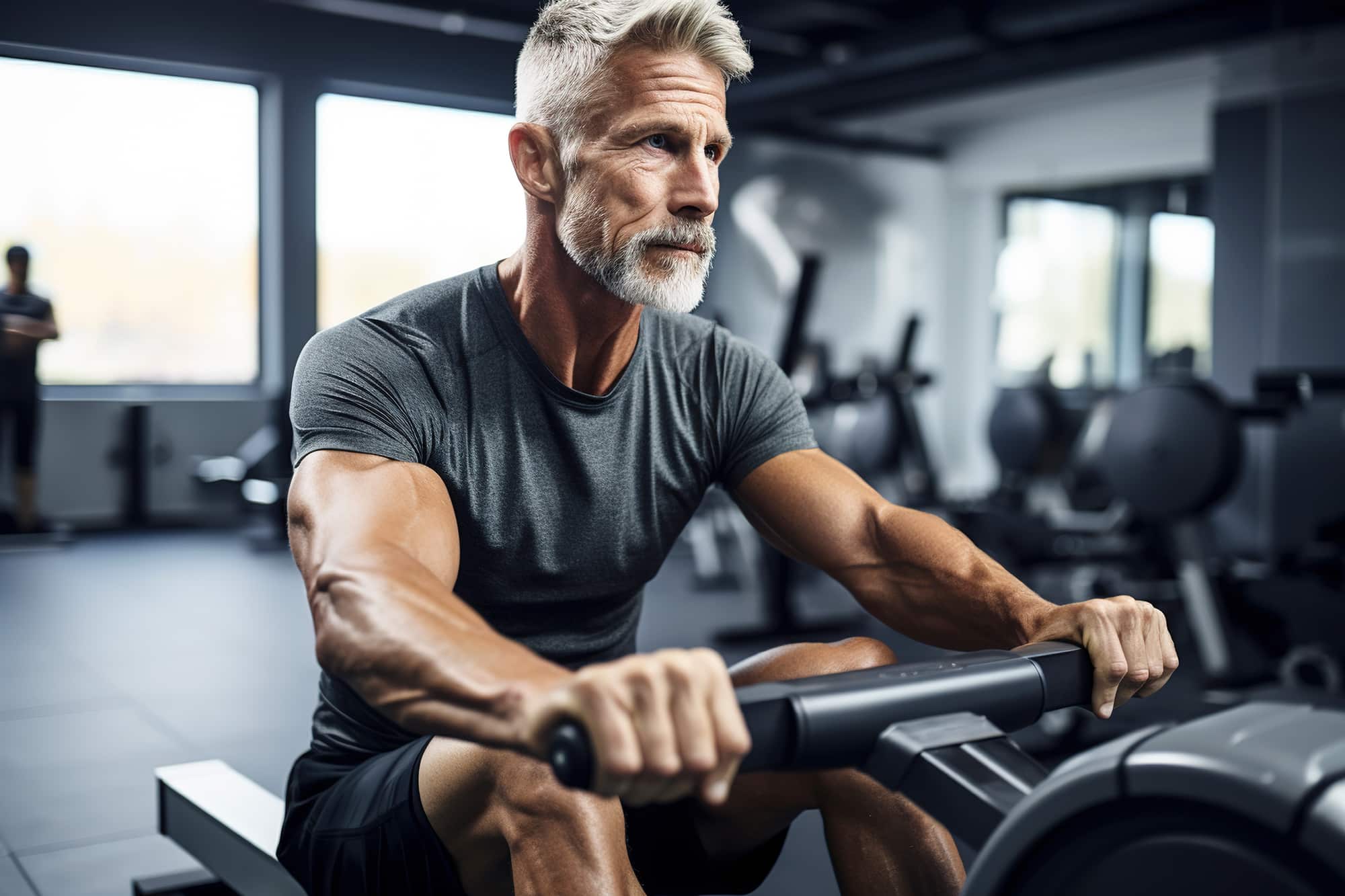 Sixty year old man exercising in the gym