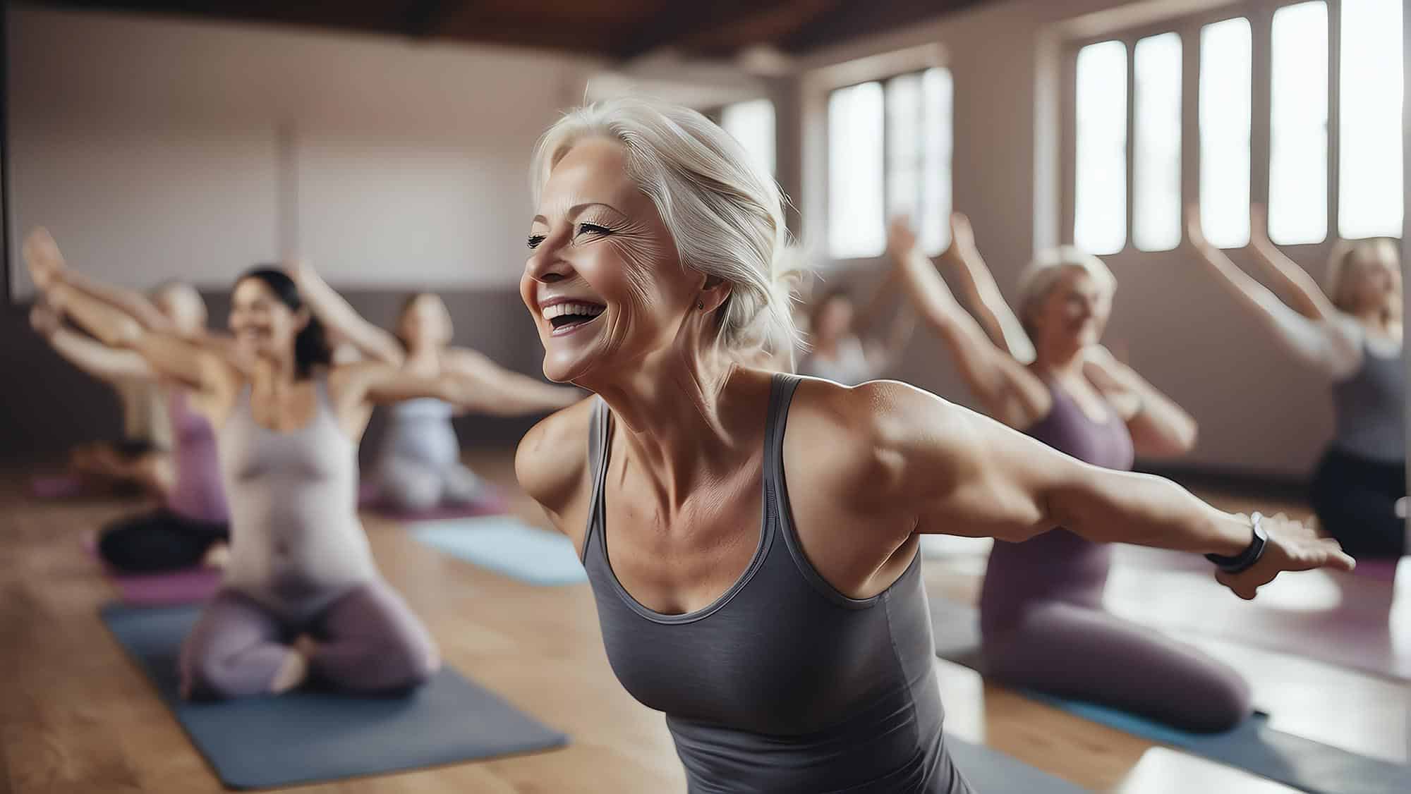 Middle aged woman happy at a yoga class from Generative AI