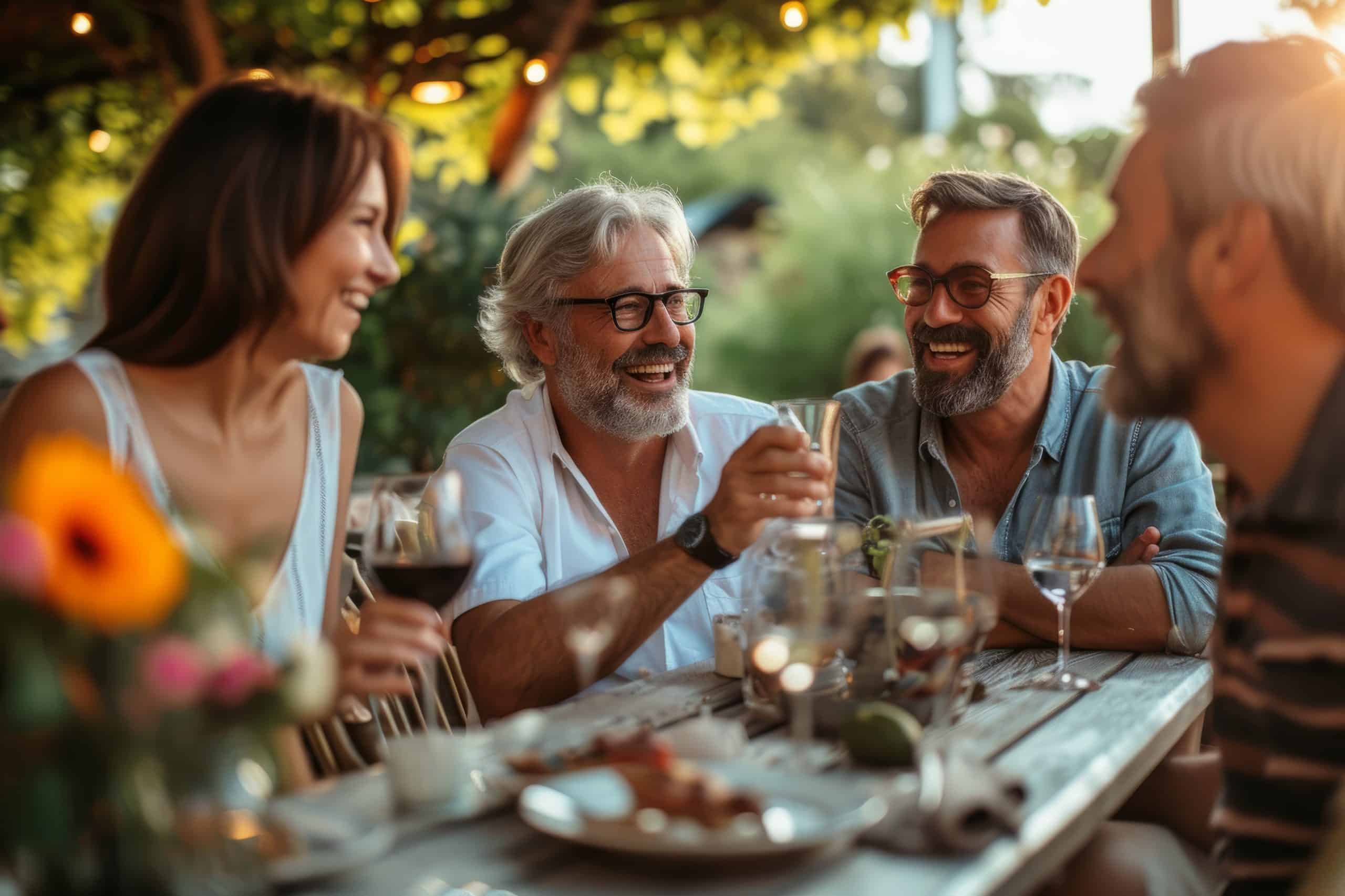 Mature group of friends enjoying an outdoor gathering