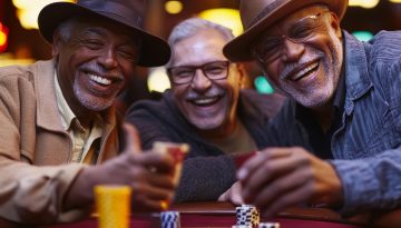 Guys night out - diverse senior men friends at casino gambling,