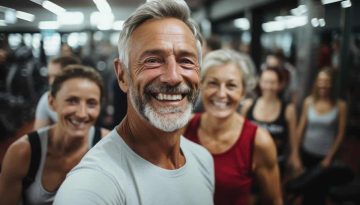 Smiling senior man taking selfie in gym during training