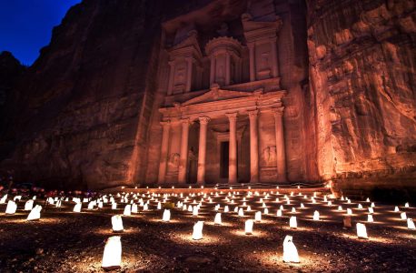 Treasury (Khasneh) in Petra, Jordan at night. Petra by Night in the light of 1,800 candles.
