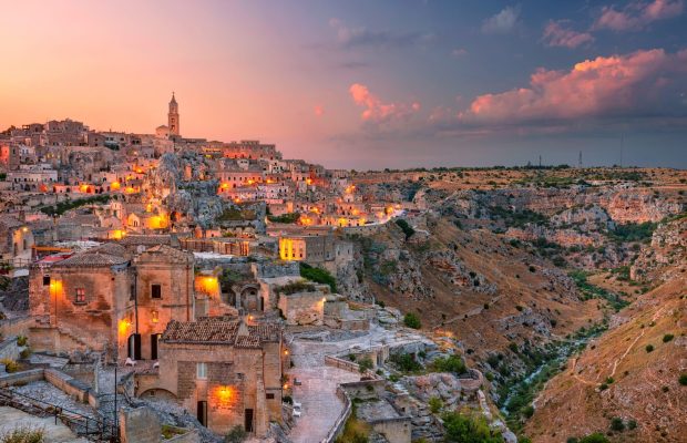 Matera, Italy. Cityscape aerial image of medieval city of Matera