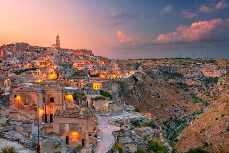 Matera, Italy. Cityscape aerial image of medieval city of Matera