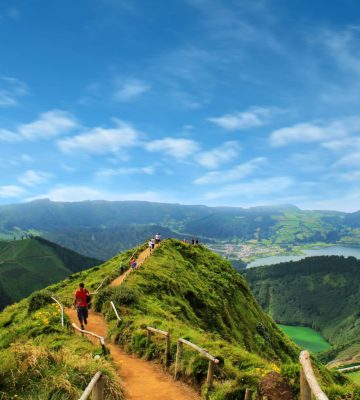 Walking path leading to a view on the lakes of Sete Cidades, Azo