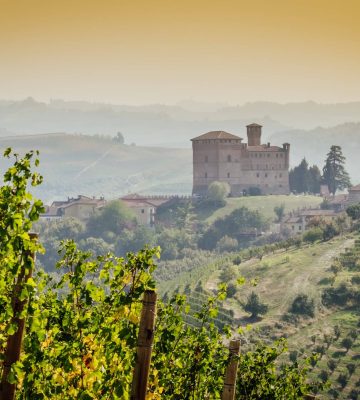 Panoramic view of the Langhe vineyards with Grinzane Cavour Cast