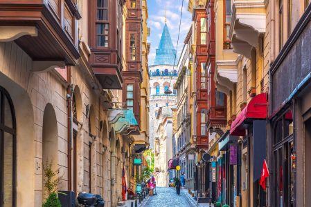 Galata Tower in Istanbul, view from the narrow street